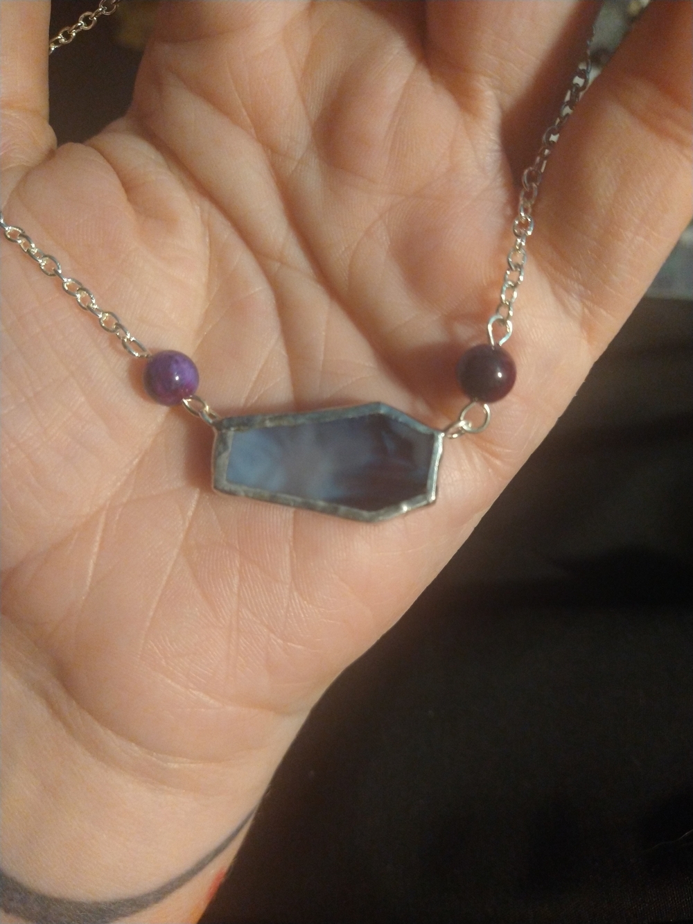 Purple/Blue Stained Glass Coffin Pendant Necklace W/Cosmic Tiger Eye Beads